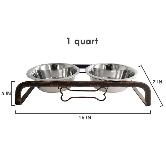 Rustic Dog Bone Feeder with 2 Stainless Steel Dog Bowls