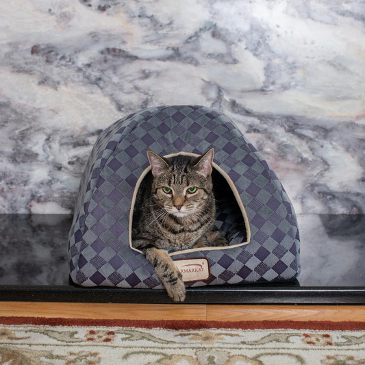 The "Compact" Cat Bed-Checkered Navy/Silver